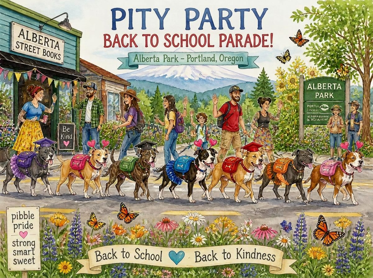 Watercolor side view of the Pity Party Back to School Parade in Portland: costumed pit bulls in backpacks and graduation caps walking past Alberta Street Books while neighbors wave, with Mount Hood and wildflowers behind